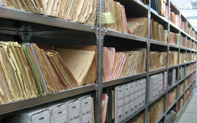 Files on shelving in an archive